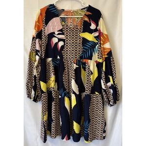 Amoretu Vibrant Tunic V Neck Tiered Shift Dress Geometric Botanical L Vaca Beach